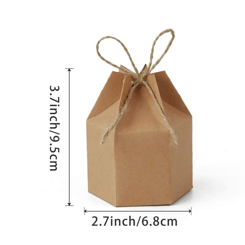 Lamantery Samanter 50Pack Paper Gift Boxes Lantern Hexagon Kraft Paper Package Box with Twine Candy Chocolate Gift Packing Wrap for Wedding Party Christmas Brown - Image 2